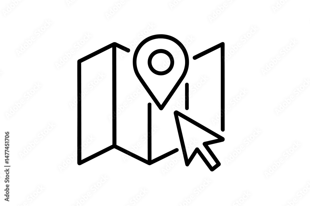Poster vector icon depicting a map with a location pin and a cursor indicating a selected point on the map