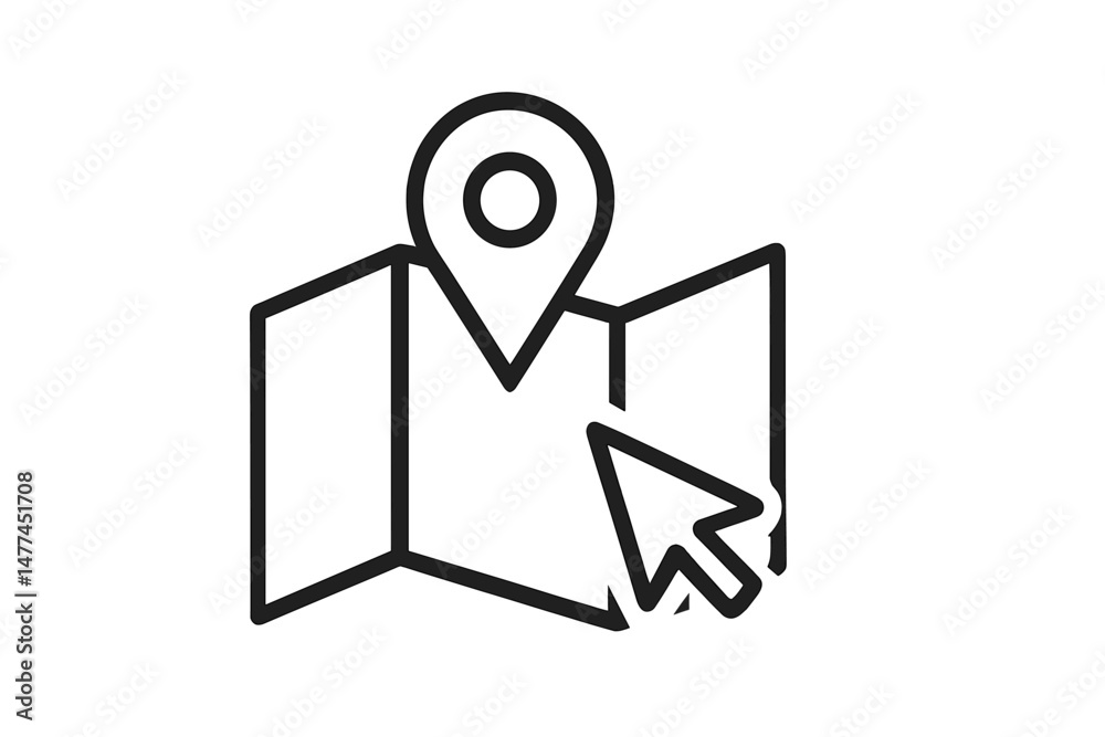 Poster vector icon representing a map with a location pin and a cursor, symbolizing navigation and online m