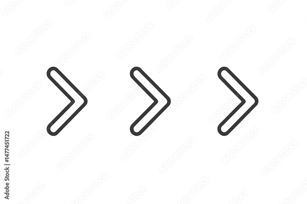 Poster three vector icons depicting right arrows in a minimalist style suitable for navigation or design pr