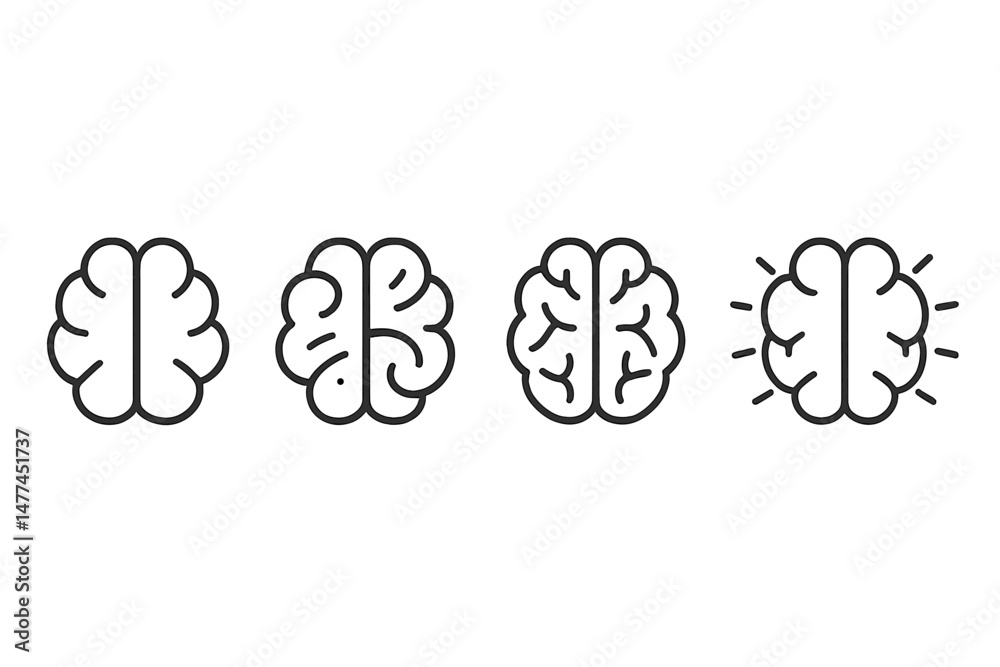 Poster icon set illustrating different concepts of brain functions in a minimalist design style for educati