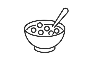 Stylized vector icon of a bowl with round food items and a spoon for culinary illustrations or design projects