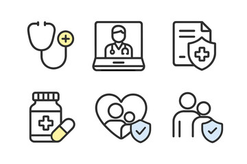 Vector icon set depicting healthcare services with stethoscope, online consultation, medical documents, and family safety symbols