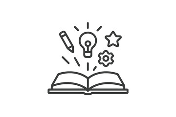 Open book with pencil, light bulb, star, and gears representing creativity and knowledge in vector icon style