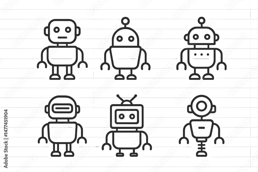 Poster creative collection of vector icons showcasing different robot designs in a minimalistic style suita
