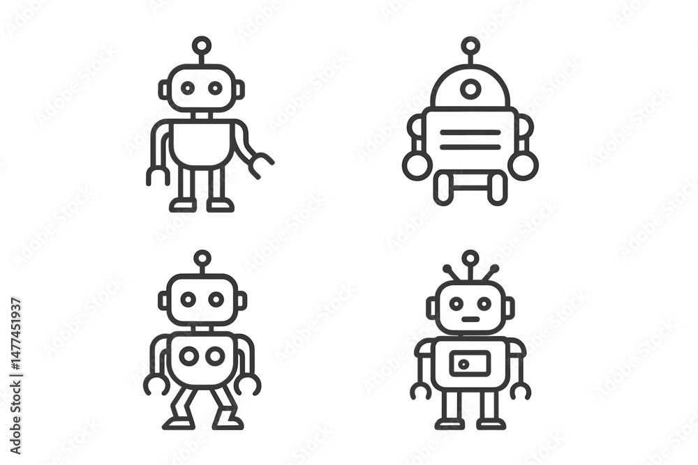 Poster vector icons of various robot designs showcasing different features and styles for technology and au
