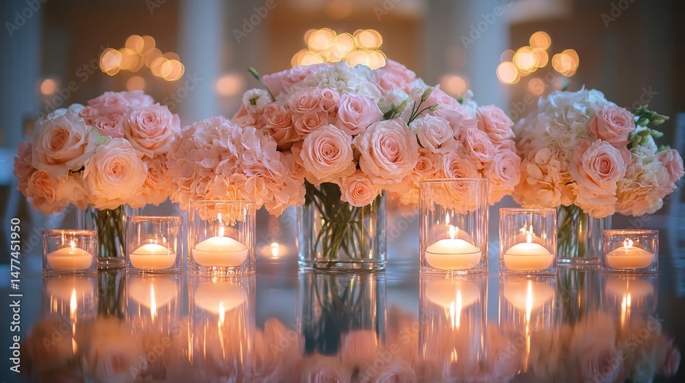 Poster a beautiful arrangement of pink roses and white flowers is displayed on a table, complemented by glo