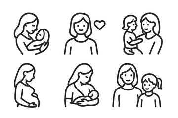 Motherhood illustrated with vector icons showing various caring moments between mothers and children