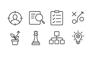 Vector icon set depicting various elements of strategy, planning, and growth in a minimalist style © Alan