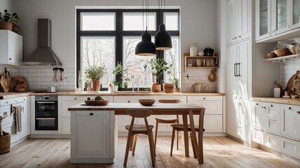 Fototapeta premium Stylish white scandinavian kitchen interior with decor acessories.