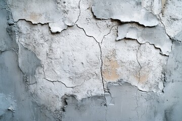 Obraz premium Aged, weathered stucco wall with deep cracks. Layers of peeling paint in muted gray and off-white