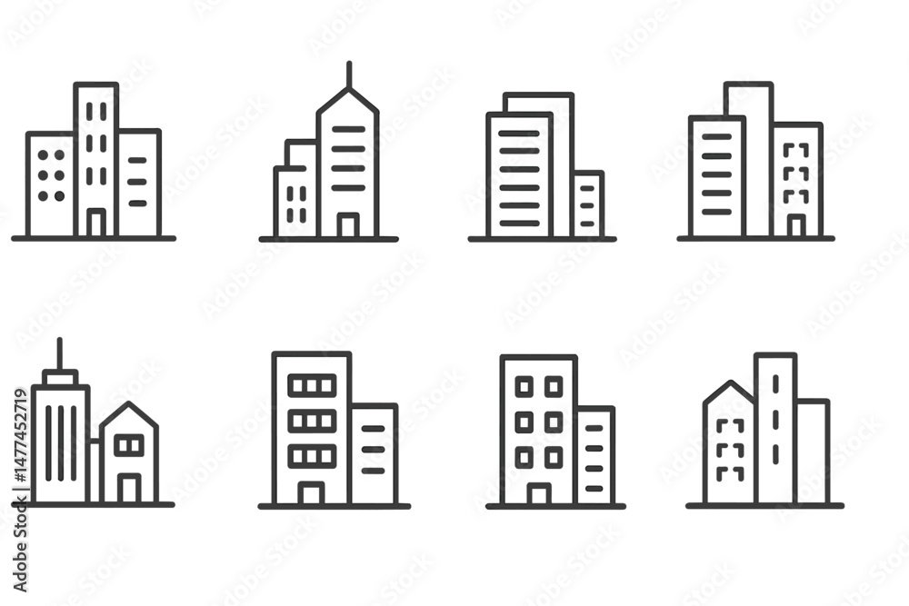 Poster collection of vector icons representing various building designs in a minimalist style showcasing ur
