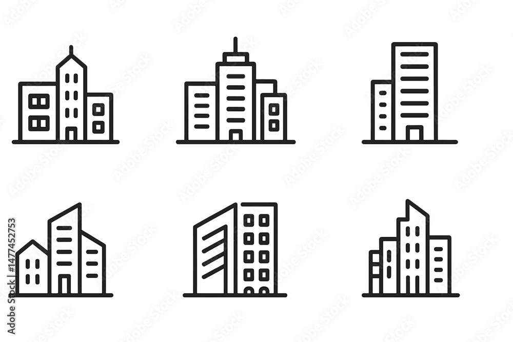 Poster vector icons representing various building styles suitable for urban design and architectural projec