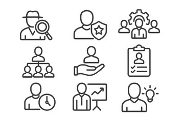 Vector icon collection depicting team management, support, and strategy development activities for business professionals