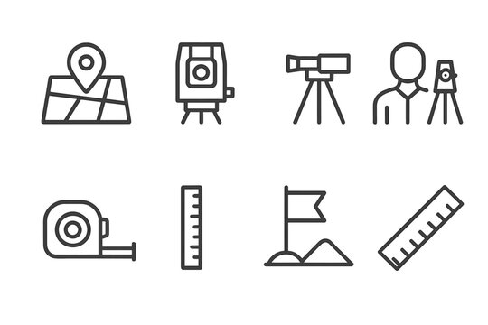 Vector icons representing surveying tools and activities for land measurement and mapping projects