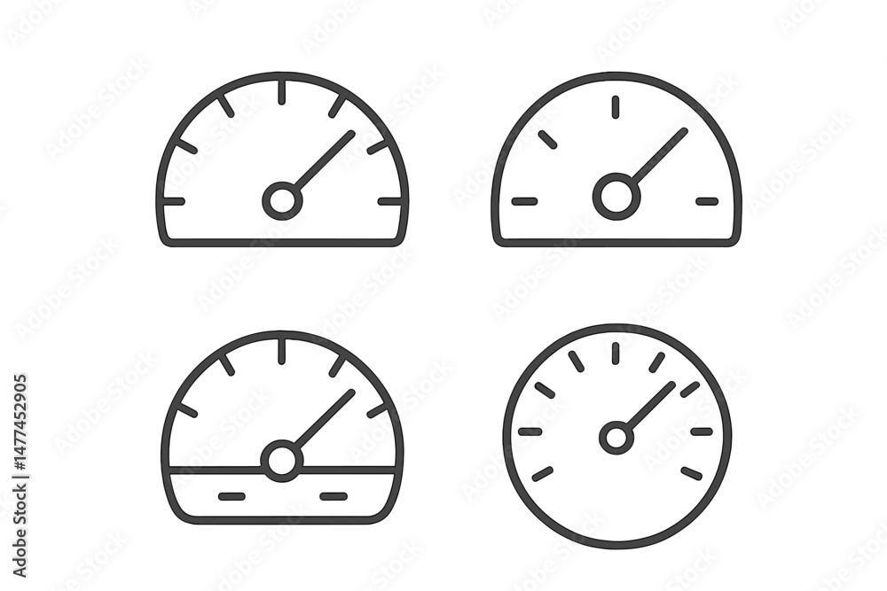 Poster various vector icons depicting speedometer gauges in minimalist design for use in digital applicatio