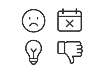 Icon set representing emotions and concepts, including sadness, cancellation, ideas, and negative feedback in a minimalist design