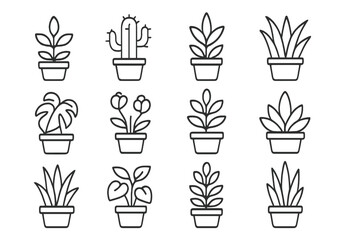 Collection of vector icons featuring various potted plants and cacti designed in a minimalist style