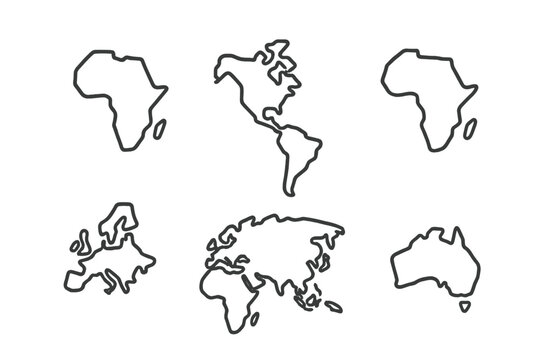 Vector icons representing different continents and regions of the world in a minimalist outline style suitable for various design projects