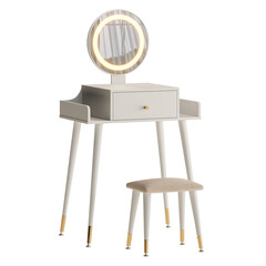 A white vanity with a mirror and a stool