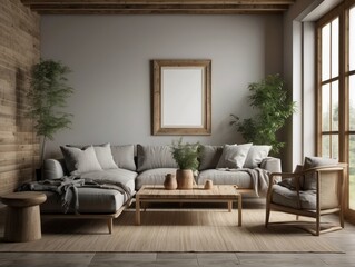 Fototapeta premium Mockup frame in farmhouse living room interior,