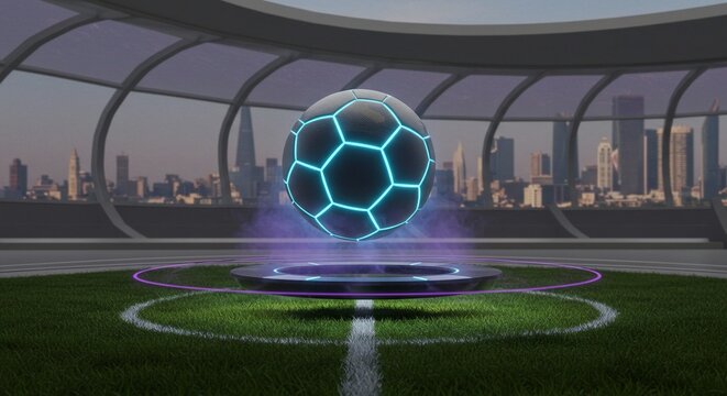Futuristic soccer ball hovers over a circular platform on a grassy field inside a modern stadium with a city skyline in the background.