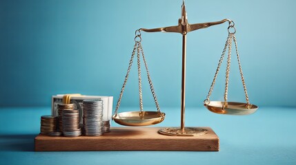 Vintage scales with coins and weights on a wooden table
