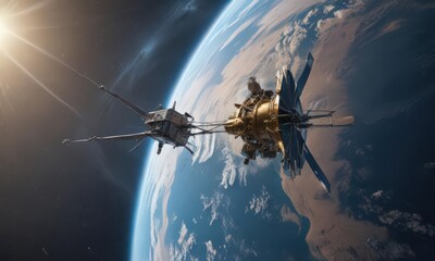 Naklejka premium High-tech satellite orbiting Earth, internet antenna deployed , digital, global, cosmic
