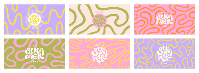 Funky groovy maze 1:2 colorful backgrounds set. Hello it's summer time hand lettering. Hippie doodle half page banners collection. Uneven hand drawn twisted deformed fluid uneven organic bold lines.
