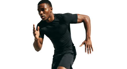 Focused athletic man running forward in sportswear on transparent background

