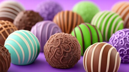 Obraz premium Colorful chocolate truffles arranged creatively on a vivid purple backdrop showcasing a variety of unique textures and designs that capture the essence of indulgent confectionery artistry