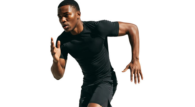 Focused athletic man running forward in sportswear on transparent background