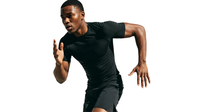 Focused athletic man running forward in sportswear on transparent background

