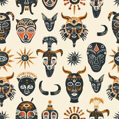 seamless pattern of tribal masks, animal faces, and sun symbols in ethnic African style, warm color palette