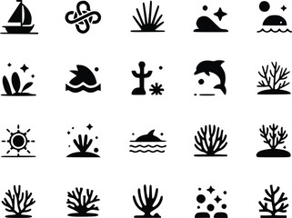 Water Activities & Marine Life Icons Ocean Adventure Shark, Octopus, Lighthouse Graphics