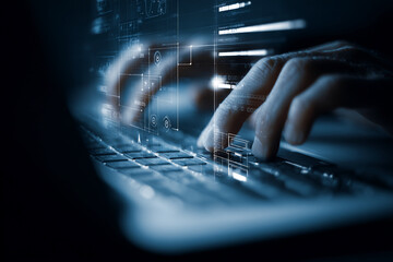 Hands typing on laptop keyboard, digital data overlay, showcasing modern technology concept, innovation, digital transformation, future tech