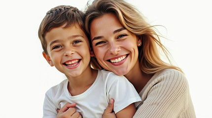 A heartwarming portrait of a smiling mother and her son, capturing a moment of love and happiness between them