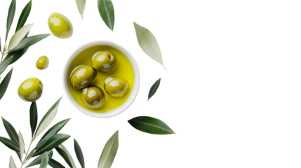 Gourmet Big Green Olives Submerged in Olive Oil with Fresh Leaves