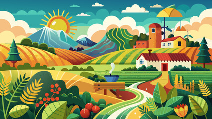 Ideal for a vector illustration, this scene captures the essence of agricultural life, the beauty of growth, and the serenity of a sunny countryside. It’s a perfect visual for themes of farming, susta