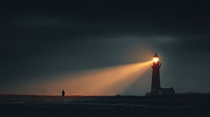 Fototapeta premium Serene Scene of Person Standing in Front of Majestic Lighthouse