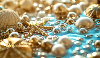 Stunning ocean-inspired background with starfish, shells, and pearls on a textured teal background. Mockup for coastal decor, marine designs, or creative projects.