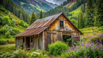 Obraz premium Rustic wooden cabin nestled in a verdant mountain valley, surrounded by wildflowers and towering evergreen trees