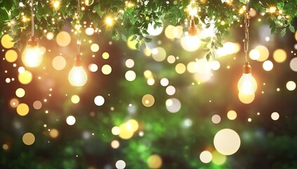 Warm, glowing lights hang amidst lush greenery.  Soft bokeh lights create a festive ambiance