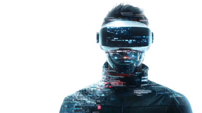 Futuristic Man in Mask on White Background, Wearing Futurist Technology