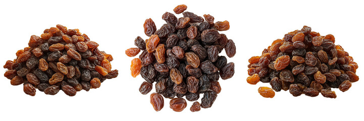 A set of richly textured deep brown dried raisins in a natural heap, isolated on a transparent background