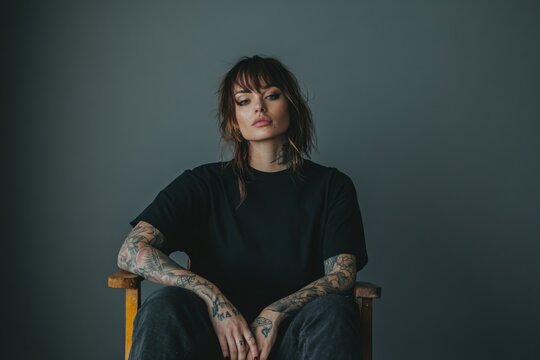 Portrait of a Tattooed Woman in Black T-Shirt
