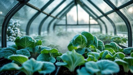 Lush green seedlings sprouting in a frost-covered greenhouse surrounded by winter scenery