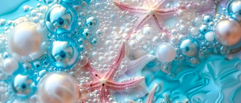 Whimsical, surreal background with starfish, pearls, and gold accents on swirling pink and blue pastel hues.Vacation, lesure mock up.