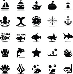 Water Activities & Marine Life Icons Ocean Adventure Shark, Octopus, Lighthouse Graphics