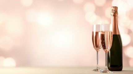 Elegant champagne glasses filled with bubbly drink beside a bottle, set against a soft bokeh background