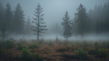 Serene fog-covered forest landscape with tall pine trees and soft ground vegetation under a mystical atmosphere